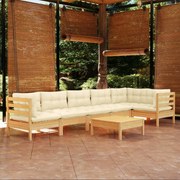 7 pcs conjunto lounge de jardim c/ almofadões cor creme pinho