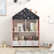 Estante em forma de casa para crianças Organizador de brinquedos em madeira com quadro branco 4 compartimentos 2 gavetas Rosa