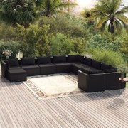 11 pcs conjunto lounge de jardim c/ almofadões vime PE preto