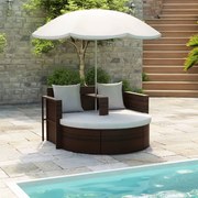 vidaXL Espreguiçadeira para jardim com guarda-sol vime PE castanho