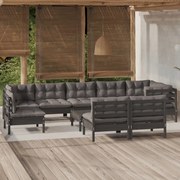 10 pcs conjunto lounge jardim c/ almofadões pinho maciço preto