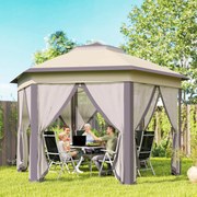 Tenda Dobrável 4x3,4 m Hexagonal com Duplo Teto 6 Mosquiteiras Destacáveis e Saco de Transporte Castanho e Bege