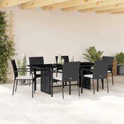 vidaXL 7 pcs conjunto de jantar p/ jardim c/ almofadões vime PE preto