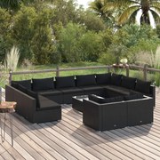 vidaXL 12 pcs conjunto lounge de jardim c/ almofadões vime PE preto