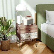 Mesa de Cabeceira com 2 Gavetas Pés de Aço Estilo Boémio Mesa de Cabeceira para Quarto Sala de Estar 45x39x55,5 cm Castanho