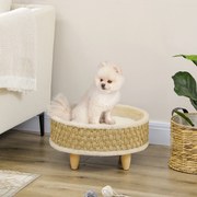 Cama Elevada para Gatos e Cães Miniatura com Almofada Lavável Corda de Seagrass Estrutura de Madeira Ø48x24,5 cm Bege