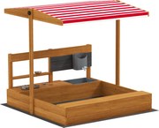 Outsunny Caixa de Areia de Madeira para Crianças com Toldo Regulável e Brinquedos de Cozinha para Crianças de 3-7 Anos 114x110x110 cm Vermelho | Aosom Portugal