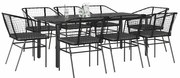 vidaXL Conjunto de jantar jardim 9 peças almofadas vidro vime PE preto