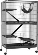 PawHut Gaiola para Roedores 80x52x128 cm Casa de 4 Alturas com Rampas Suspensa Rede Bandeja Removível Rodas Cinza Escuro | Aosom Portugal