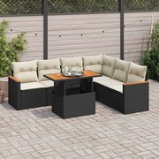 vidaXL 7 pcs conjunto sofás jardim c/ almofadões vime PE/acácia preto