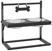 PawHut Comedouro Elevado Cães 2 Tigelas Altura Ajustável Metal Formato Osso Prático Design Ergonomico 40,5x22x39 cm Preto | Aosom Portugal