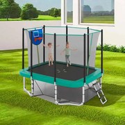 Trampolim retangular 3 em 1 com escada 317 cm x 255 cm x 270 cm, cesto de basquetebol e baliza de futebol, trampolim para crianças, verde.