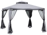 Outsunny Pérgola de Jardim 294x294x265cm com Duplo Teto de Ventilação 8 Orifícios de Drenagem e 4 Telas Mosquiteiras Cinza | Aosom Portugal