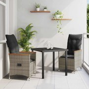vidaXL Conjunto de Jantar de Jardim de 3 Peças com Almofadas em Rattan Sintético Cinza.