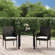 3 pcs conjunto de jantar p/ jardim c/ almofadões vime PE preto