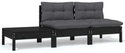 3 pcs conjunto lounge jardim c/ almofadões pinho maciço preto