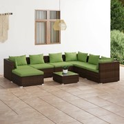 8 pcs conjunto lounge jardim c/ almofadões vime PE castanho