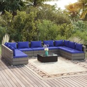 10 pcs conjunto lounge de jardim c/ almofadões vime PE cinza