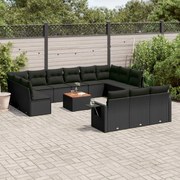 vidaXL 14 pcs conjunto de sofás p/ jardim c/ almofadões vime PE preto