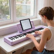 Teclado musical dobrável de 61 teclas, piano eletrónico com fones de ouvido e pedal portátil com bolsa para iniciantes Púrpura