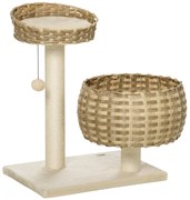 PawHut Árvore para Gatos Médios com Cama Superior Cesto de Vime Sintético com Almofadas Postes Arranhadores de Sisal Natural e Bola Suspensa de Brinquedo 54x40x70cm Bege