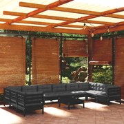 vidaXL 11 pcs conjunto lounge de jardim c/ almofadões pinho preto