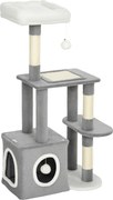 PawHut Arranhador 107 cm Torre para gatos com toca, 2 bolas de pelúcia, postes de sisal, plataforma grande, 55x40x107 cm, Cinza | Aosom Portugal