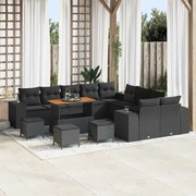 vidaXL Conjunto de Sofá de Jardim em 14 Peças com Almofadas, Rattan Polipropileno Preto e Acácia