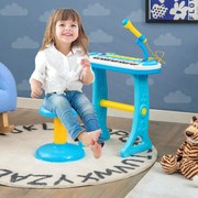 Conjunto de teclado infantil com 31 teclas, instrumento musical portátil, sons diversos, microfone leve, banco ajustável para crianças a partir de 3 a