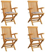 vidaXL Cadeiras de jardim c/ almofadões xadrez cinzento 4 pcs teca