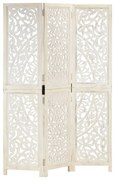 vidaXL Biombo esculp. mão 3 painéis 120x165 cm mangueira maciça branco