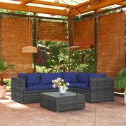 5 pcs conjunto lounge de jardim c/ almofadões vime PE cinza