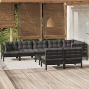 9 pcs conjunto lounge jardim c/ almofadões pinho maciço preto