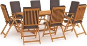 vidaXL 9 pcs conjunto jantar jardim + almofadões cinzentos teca maciça