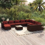 vidaXL 11 pcs conjunto lounge jardim c/ almofadões vime PE castanho