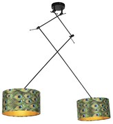 Candeeiro de suspensão preto com abajures de veludo azul-pavão com dourado 35 cm 2-luzes - Blitz