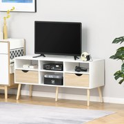 Móvel de TV com 2 Gavetas e 4 Compartimentos Pés de Madeira Dispositivo Anti Rolamento para Sala de Estar 117x39x57cm Branco e Madeira Natural