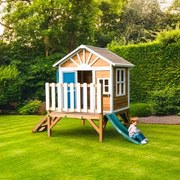 Casa de brincar para crianças com escorrega 200 x 209,5 x 225,5 cm de madeira em painéis VISBY elevada 60 cm Azul