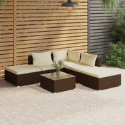 6 pcs conjunto lounge jardim c/ almofadões vime PE castanho