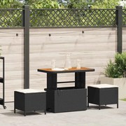 vidaXL Conjunto de Jantar de Jardim de 3 Peças com Almofadas em Rattan Sintético Preto e Madeira de Acácia
