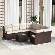 vidaXL Conjunto de sofá de jardim com 9 peças e almofadas marrons em rattan sintético