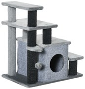 PawHut Escada para Gatos de 4 Degraus Escada para Animais de Estimação com Altura Ajustável Caverna Bola Suspensa 60x40x66cm Cinza