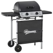 Outsunny Barbecue a Gás com 2 Queimadores 2,8 KW 2 Rodas 2 Mesas Laterais e Grelhas de Aço para Piquenique Campismo 104x49x99 cm Preto