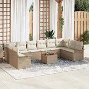 vidaXL Sofá de Jardim com 11 Peças e Almofadas Bege, Rattan de Poliéster, Acácia