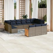 vidaXL 13 pcs conjunto sofás p/ jardim c/ almofadões vime PE cinzento