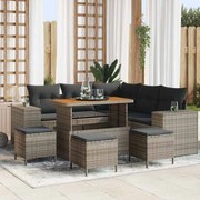 vidaXL Conjunto de Sofá de Jardim com 9 Peças e Almofadas Cinzas em Rattan Sintético e Madeira de Acácia