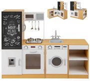 Brinquedo de cozinha para crianças ao ar livre com fornos de lousa, torneiras, fornos, acessórios de cozinha, prateleiras para 3+ crianças, natural