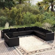 10 pcs conjunto lounge de jardim c/ almofadões vime PE preto