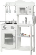 AIYAPLAY Cozinha de Brincar em Madeira com Som Acessórios Lava-Loiças Micro-Ondas e Fogão 55x24x86 cm Branco | Aosom Portugal