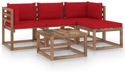 5 pcs conjunto lounge p/ jardim c/ almofadões vermelhos